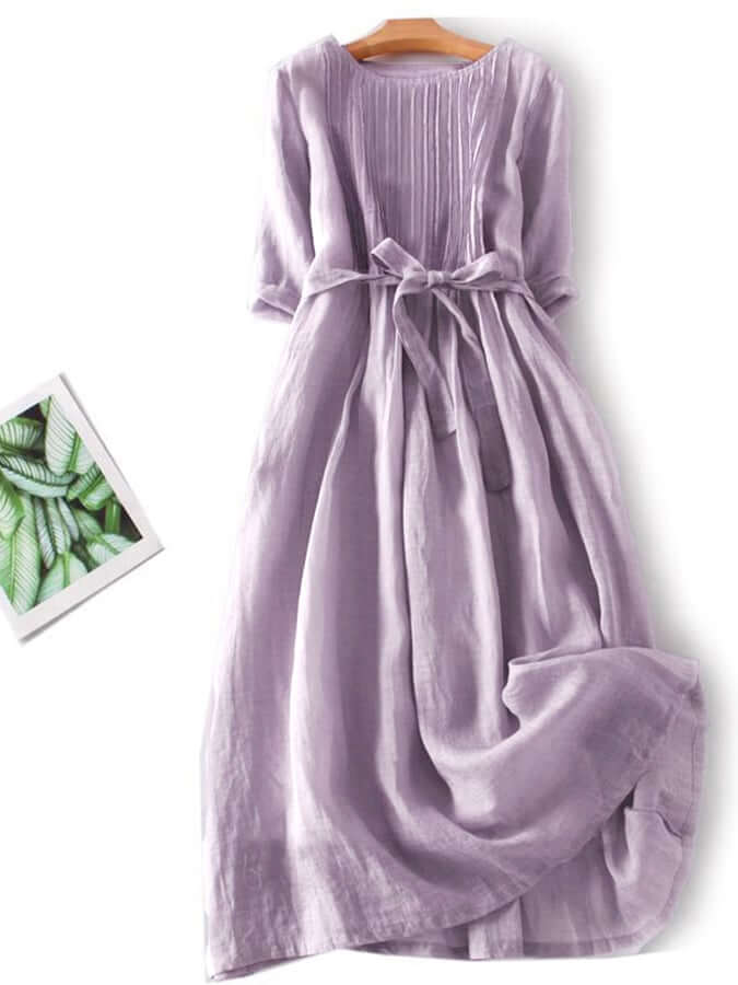 GR | and linen lacing Three-quarter sleeves Solid color dress 