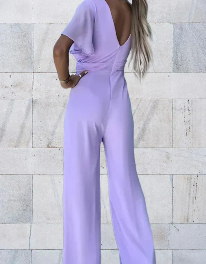 GR | Stylish jumpsuit with a deep V-neck and short sleeves for an elegant and fashionable look