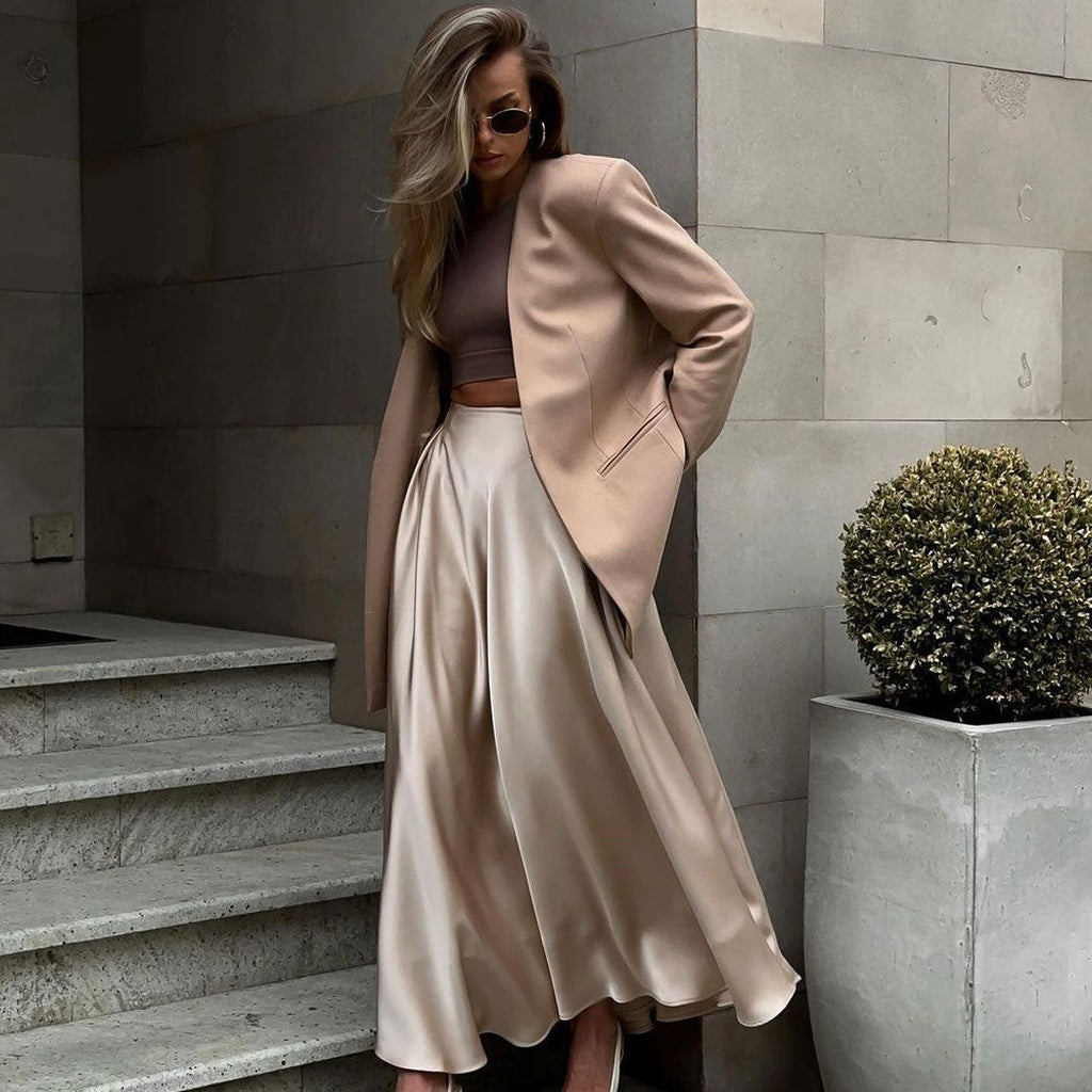 GR | Elegante Hoch Taille Ausgestellte A-Linie Polierte Satin Falten Midi Rock