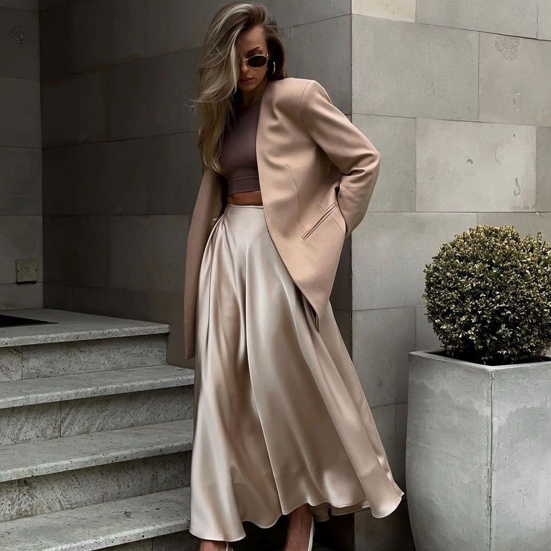 GR | Elegante Hoch Taille Ausgestellte A-Linie Polierte Satin Falten Midi Rock
