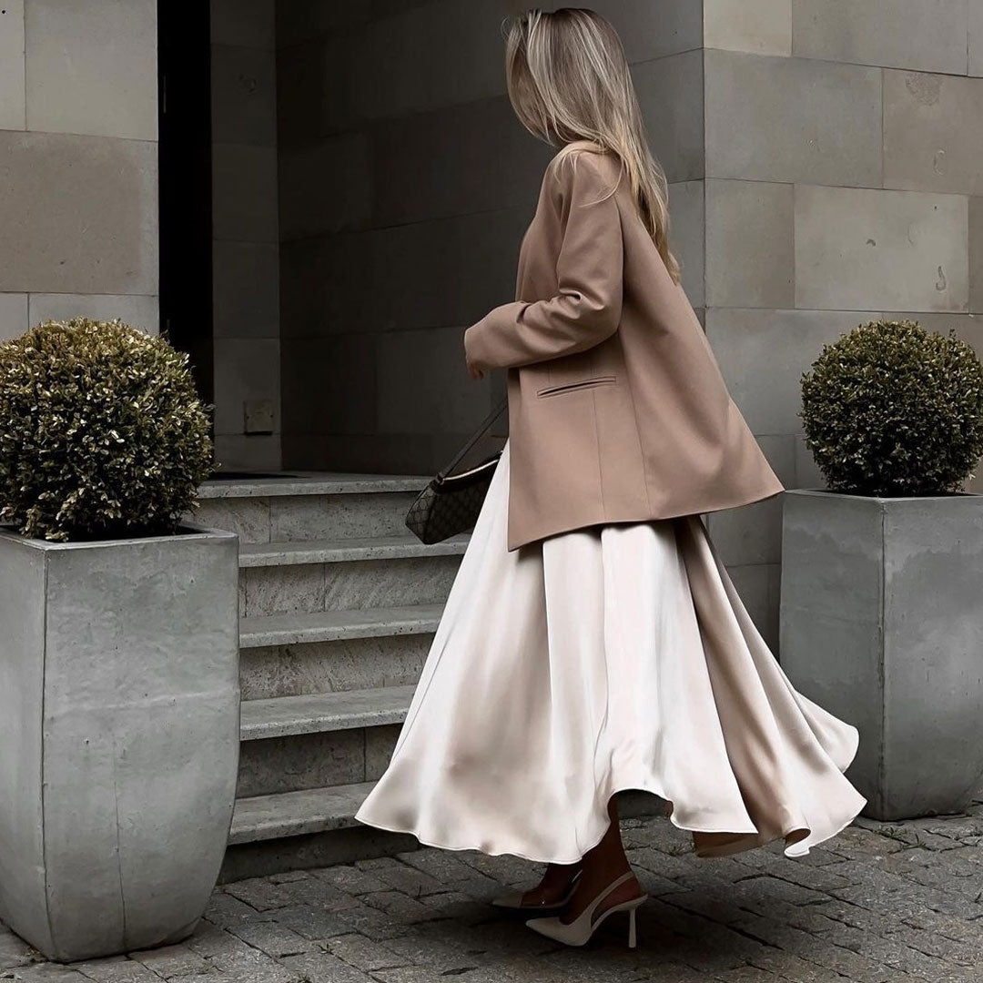 GR | Elegante Hoch Taille Ausgestellte A-Linie Polierte Satin Falten Midi Rock
