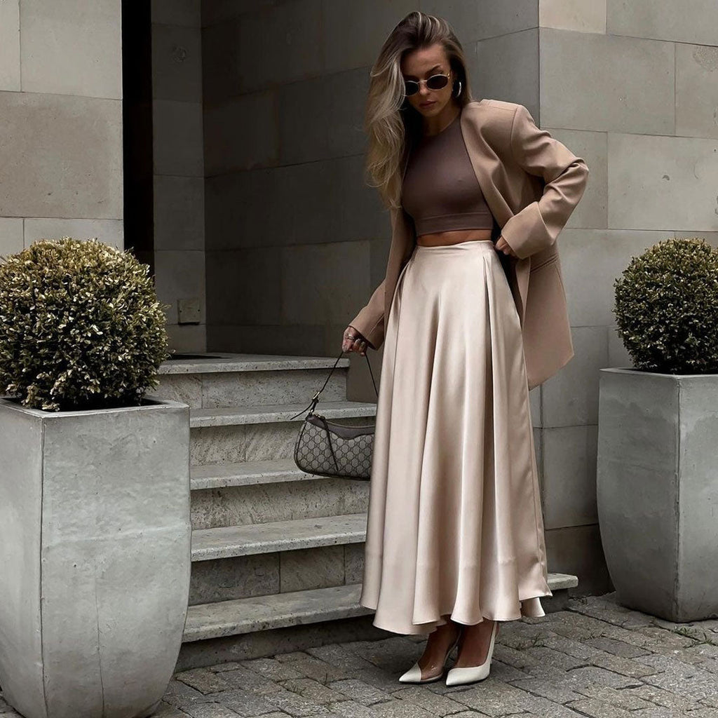 GR | Elegante Hoch Taille Ausgestellte A-Linie Polierte Satin Falten Midi Rock