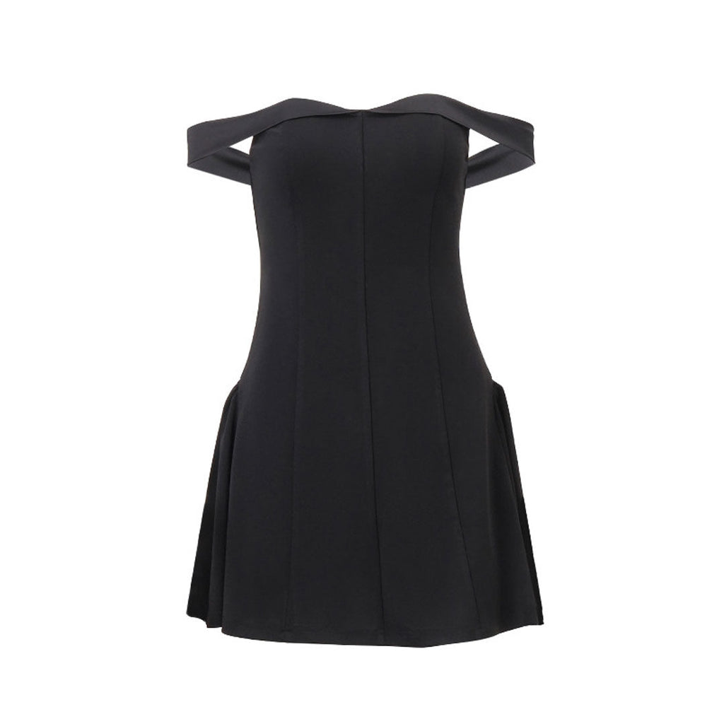 GR | Elegant Satin Panel Off the Shoulder Fit and Flare Mini Party Dress