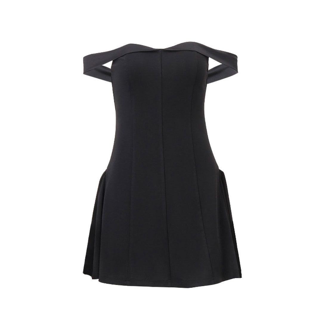 GR | Elegant Satin Panel Off the Shoulder Fit and Flare Mini Party Dress