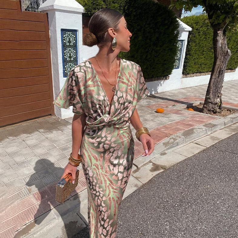GR | Maxi Dress with V-neck, Women's Evening Dress with Wrap Detail for Special Occasions