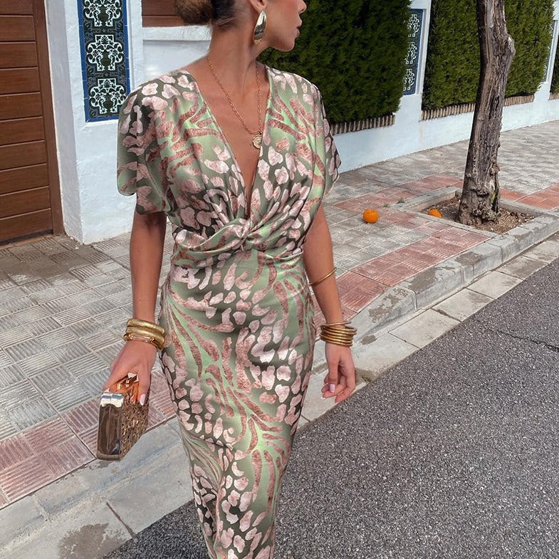 GR | Maxi Dress with V-neck, Women's Evening Dress with Wrap Detail for Special Occasions