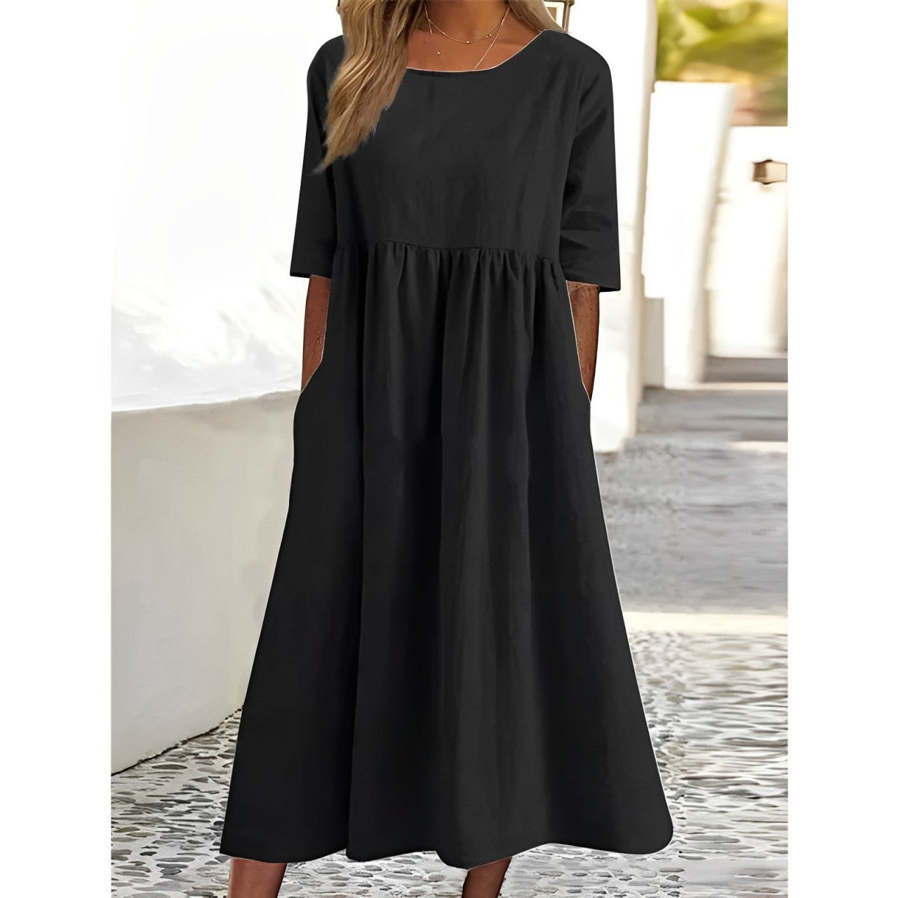 GR | Atmungsaktives Baumwoll Leinen Midi Kleid