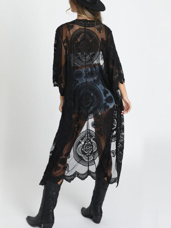 GR | Embroidered lace bikini and mesh cardigan beach throw 