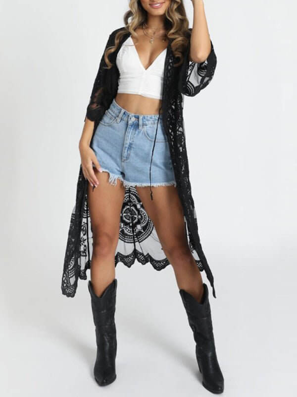 GR | Embroidered lace bikini and mesh cardigan beach throw 