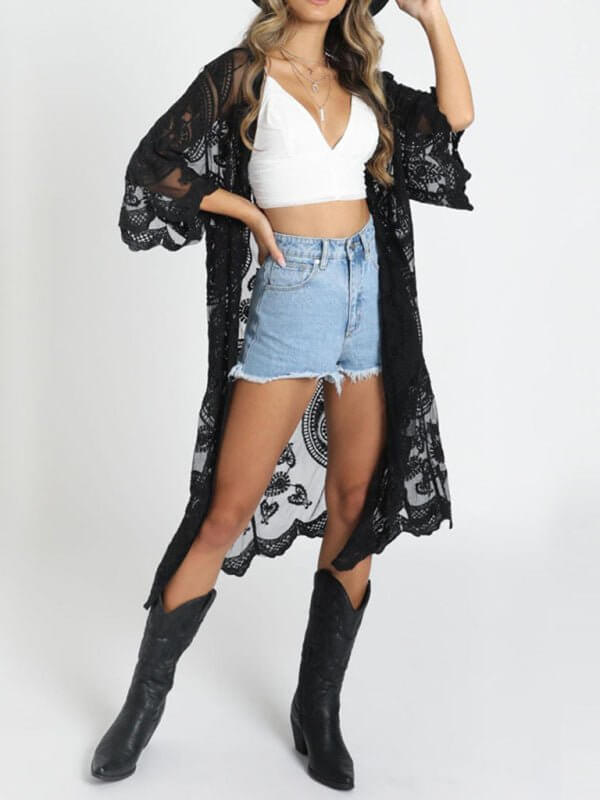 GR | Embroidered lace bikini and mesh cardigan beach throw 