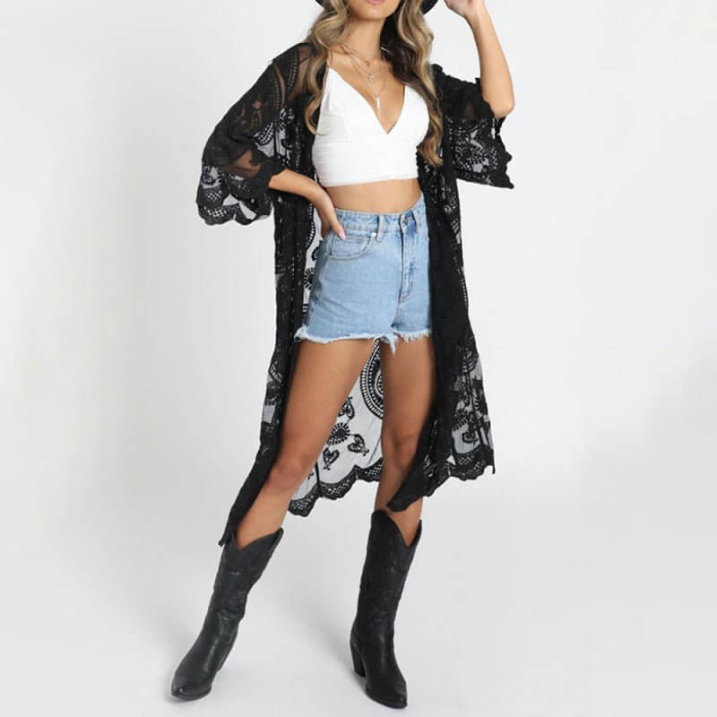 GR | Embroidered lace bikini and mesh cardigan beach throw 