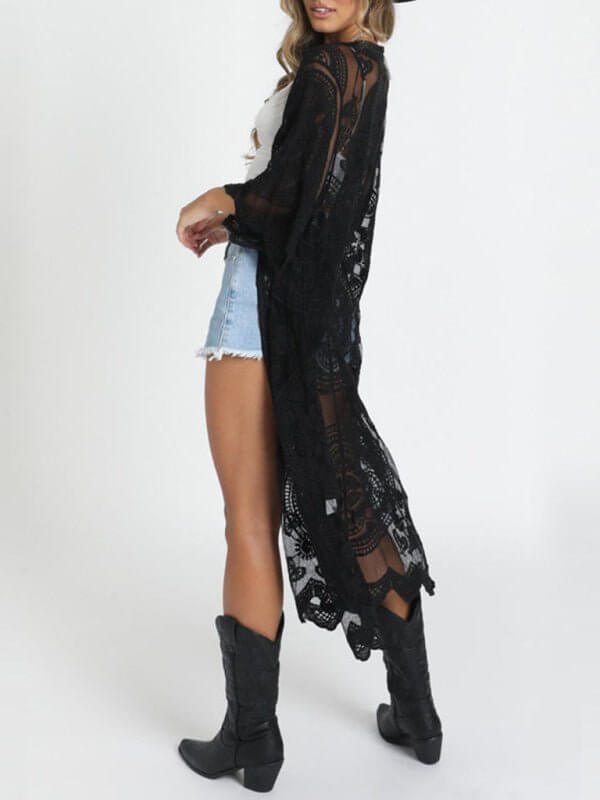 GR | Embroidered lace bikini and mesh cardigan beach throw 