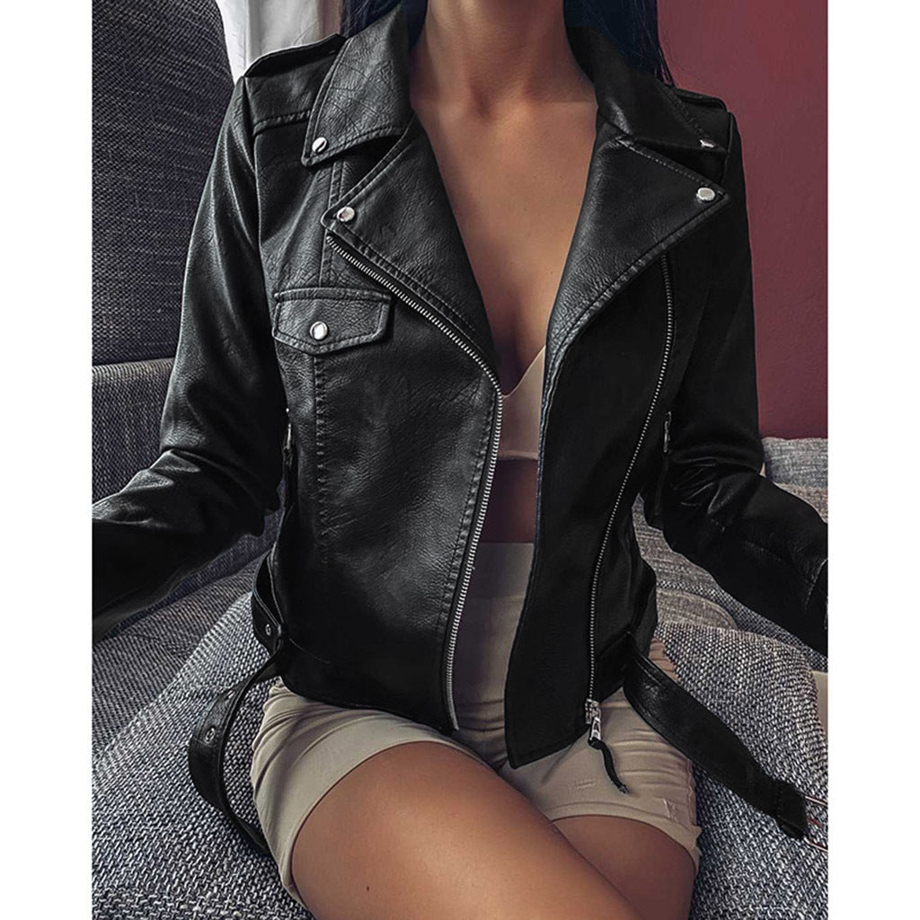GR | Black leather jacket with zipper and lapel buttons