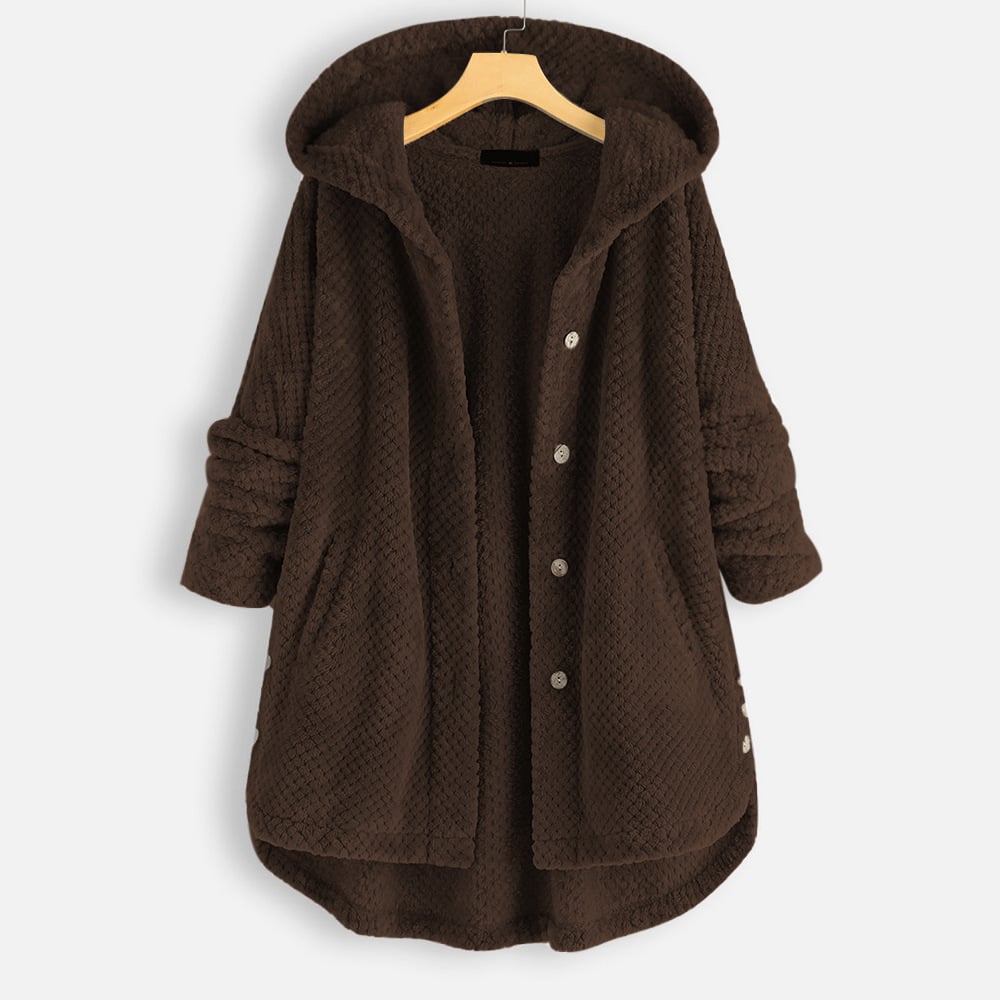 Mid-length, reversible fleece jacket with hood for winter