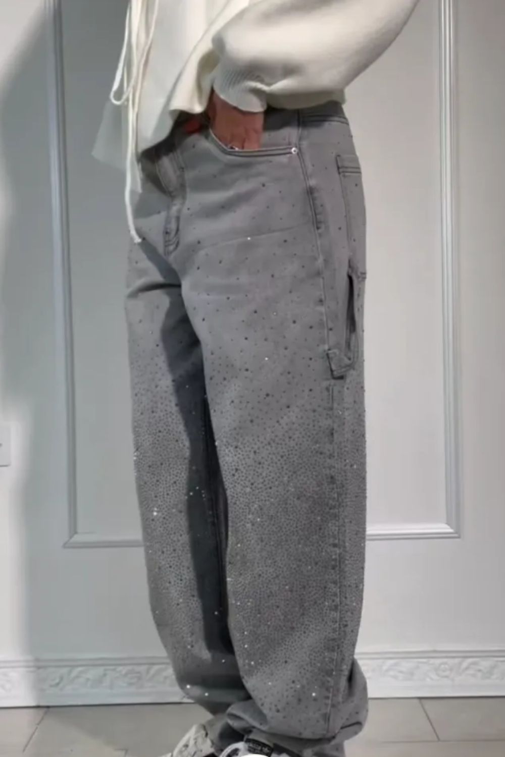 GR | Women's Washed Jeans with Rhinestone Details, Wide Fit