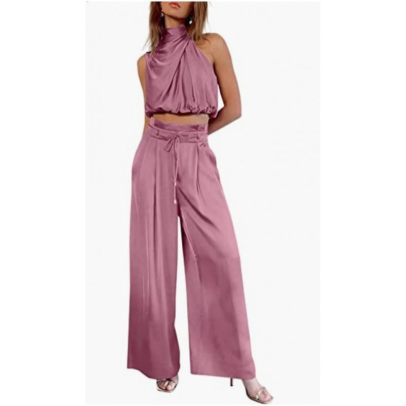 GR | Casual Sleeveless Top with Midriff and Wide Legs 2-Piece Set Women's Clothing