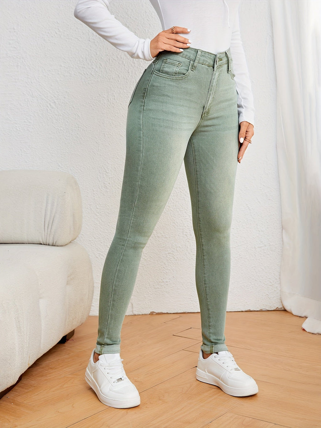 GR | Olivgrüne High Waist Slim Fit Jeans Mit Stretch Denim