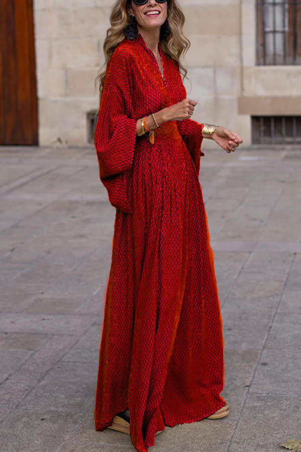 GR | Langarm V-Ausschnitt Kleid Lockere Passform Taillierte Silhouette Fließender Saum Eleganter Stil