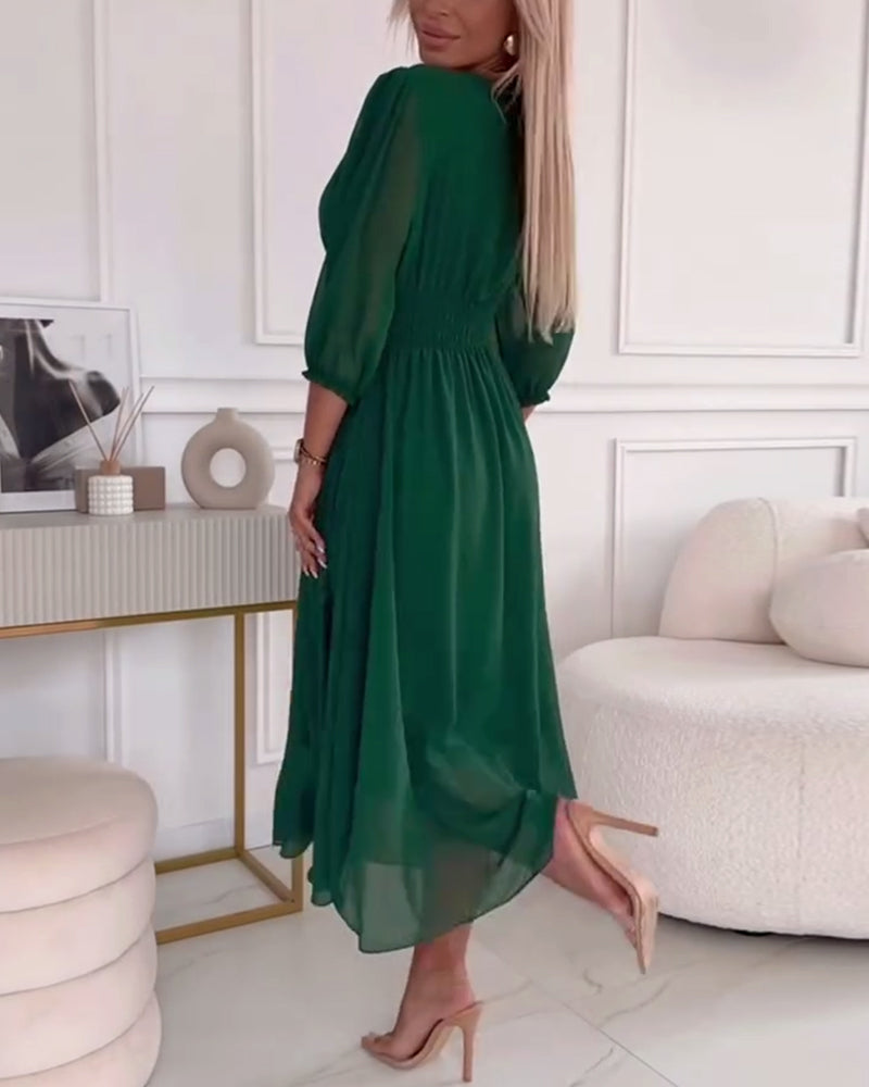 GR | Solid-color fitted dress with V-neck