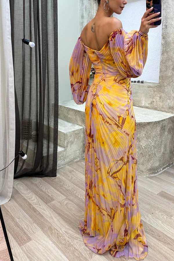 GR | Sunset Serenade Printed Off-Shoulder Maxi Dress with Diamond Embellishments and Pleated Skirts with Slits
