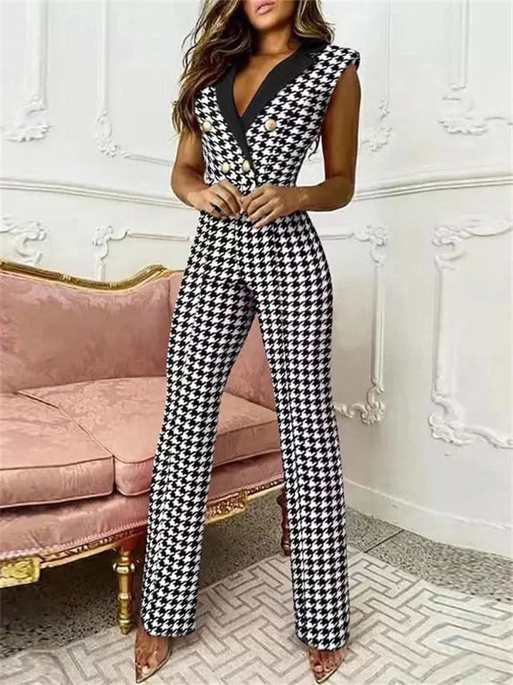 GR | Jumpsuit with V-neck and pied-de-poule print | Trendy and elegant