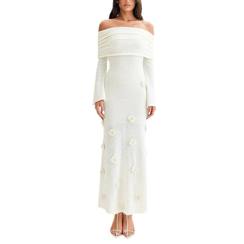 GR | Three-dimensional floral dress with off-the-shoulder knit
