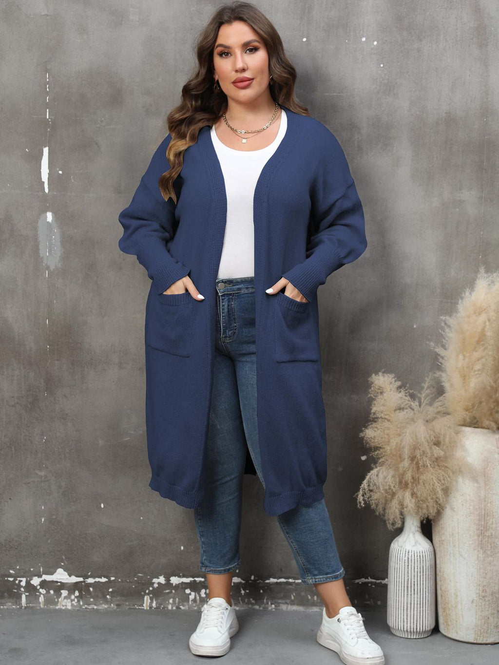 GR | Plus Size Langarm Taschen Cardigan