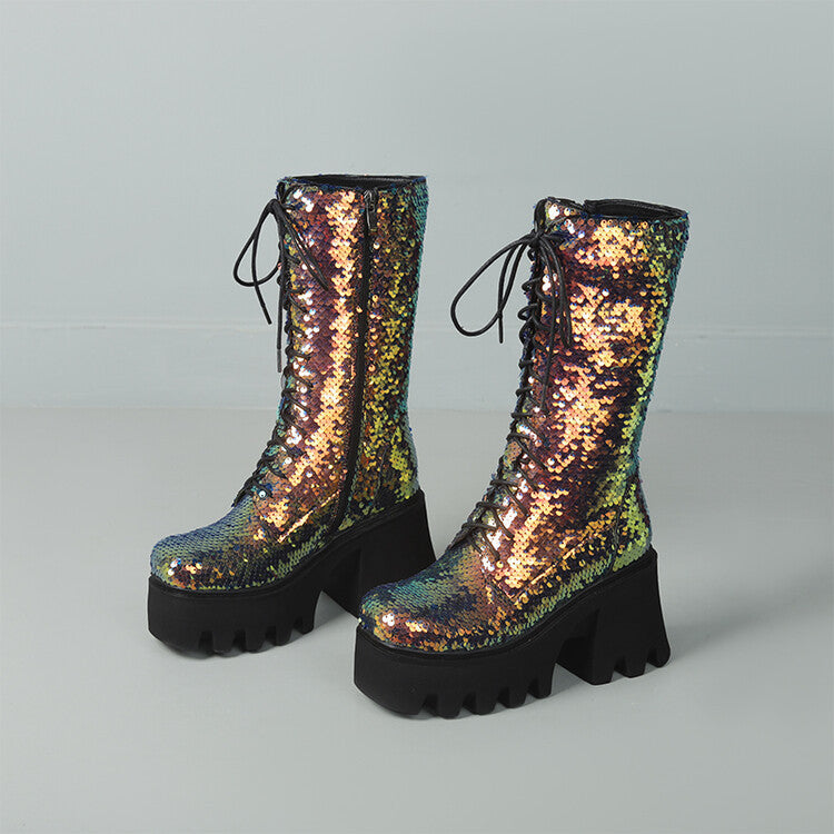 GR | Sequin Mid-Length Martin Boots Round Toe Front