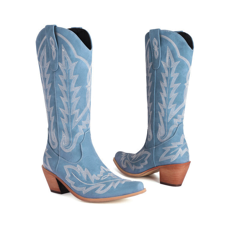 GR | Embroidered Long Knee-High Boots Pointed Toe Chunky Heel High Heel