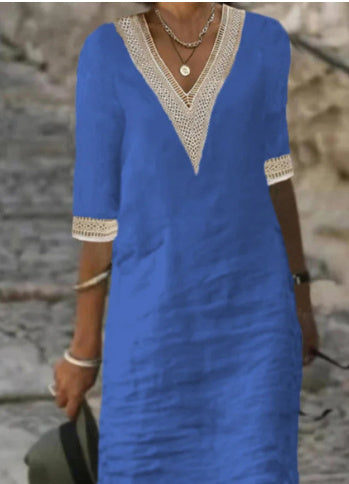 GR | Simple cotton linen dress with V-neck and half sleeves