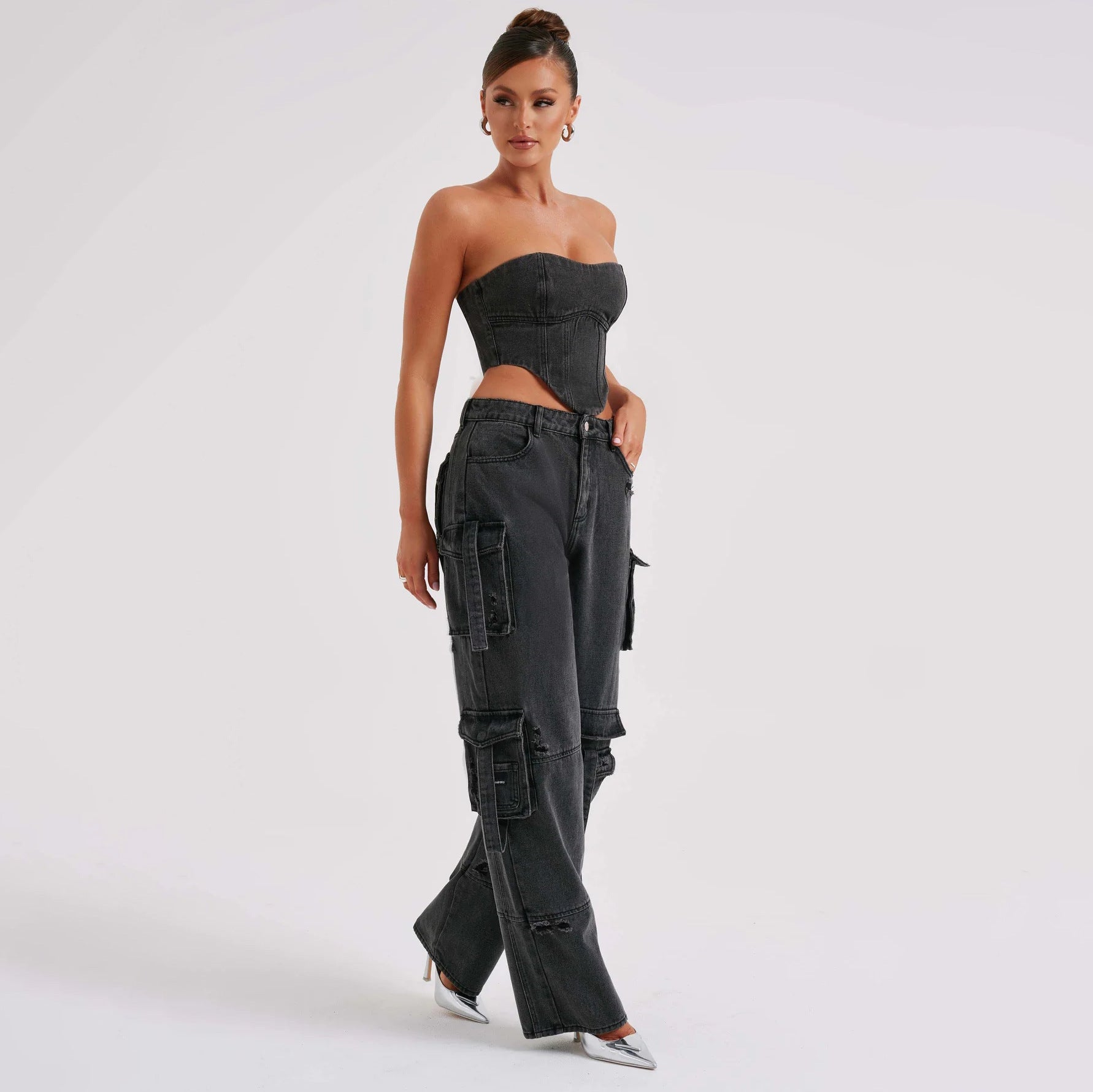 GR | Denim Suits Summer Sexy Back Cutout Tube Top and Multiple Pockets Straight Trousers Fashion Long Trousers Suit Women's Clothing