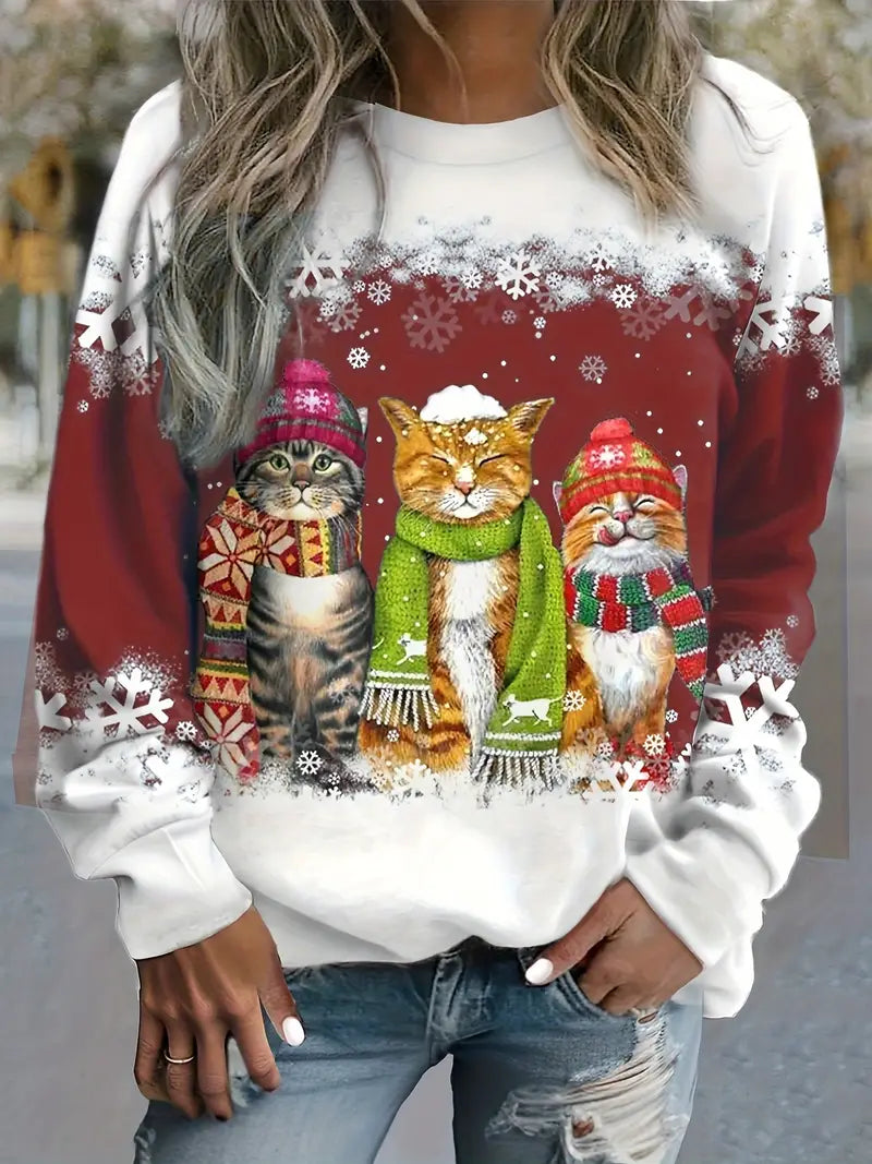 GR | Christmas Sweater with Cat Print for Women