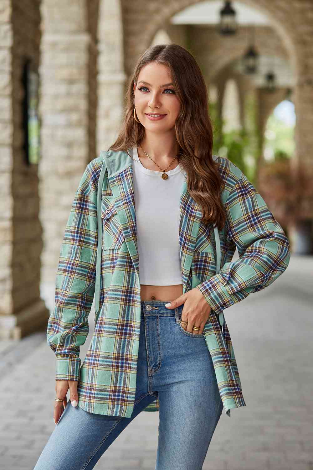 GR | Checkered long-sleeved hooded jacket