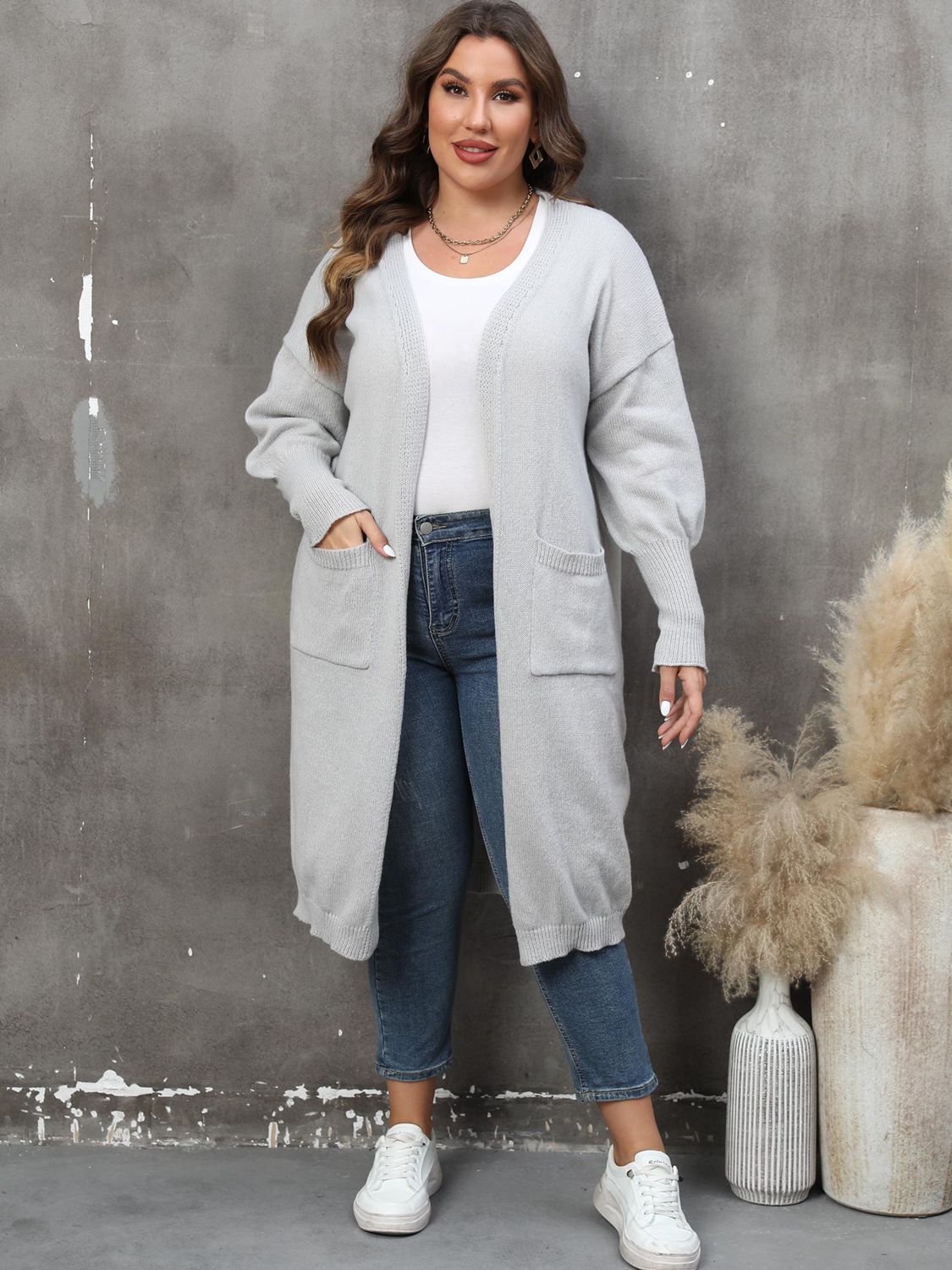 GR | Plus Size Langarm Taschen Cardigan