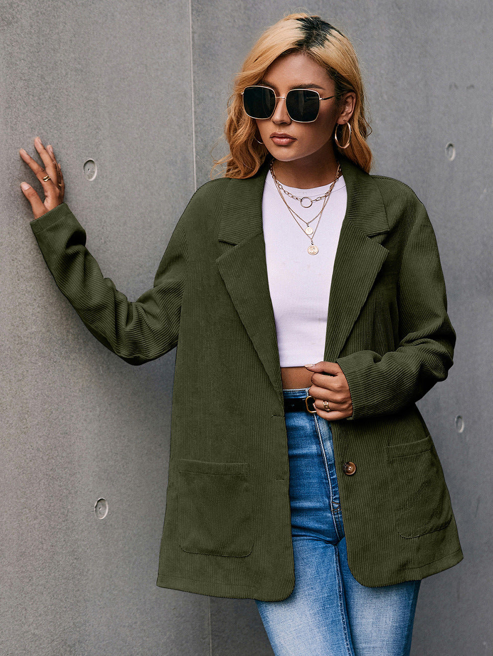 GR | Corduroy Long-Sleeve Longline Blazer with Pockets