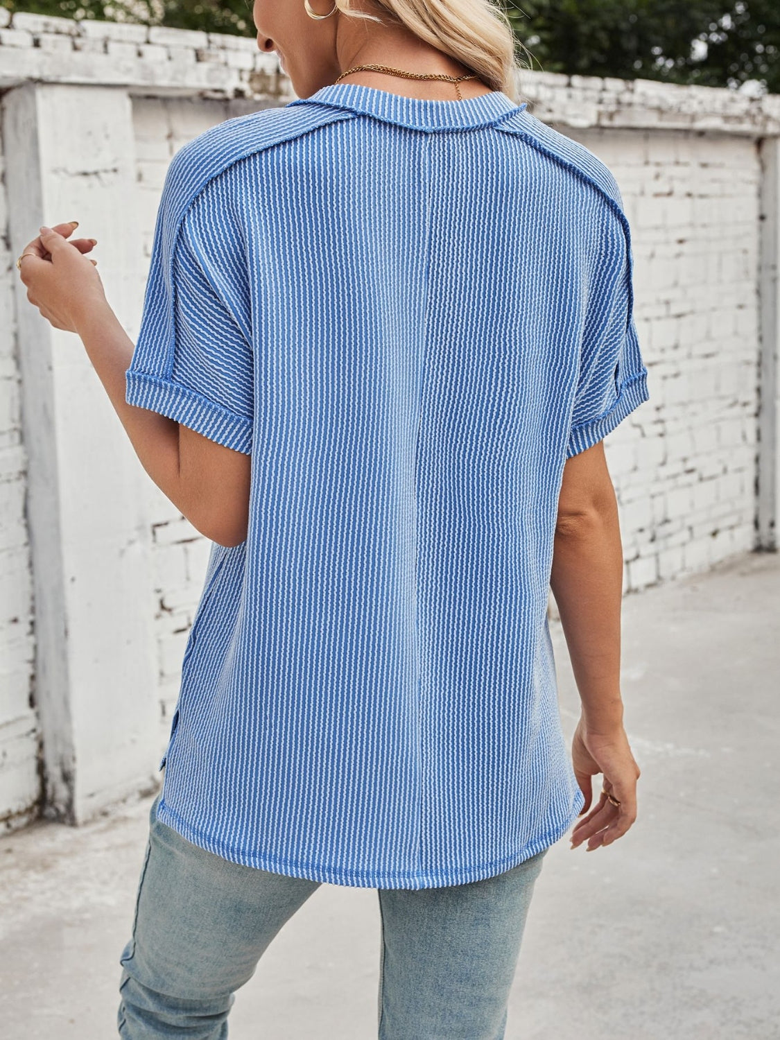 GR | Cord-Ripp V-Ausschnitt Kurzarm T-Shirt
