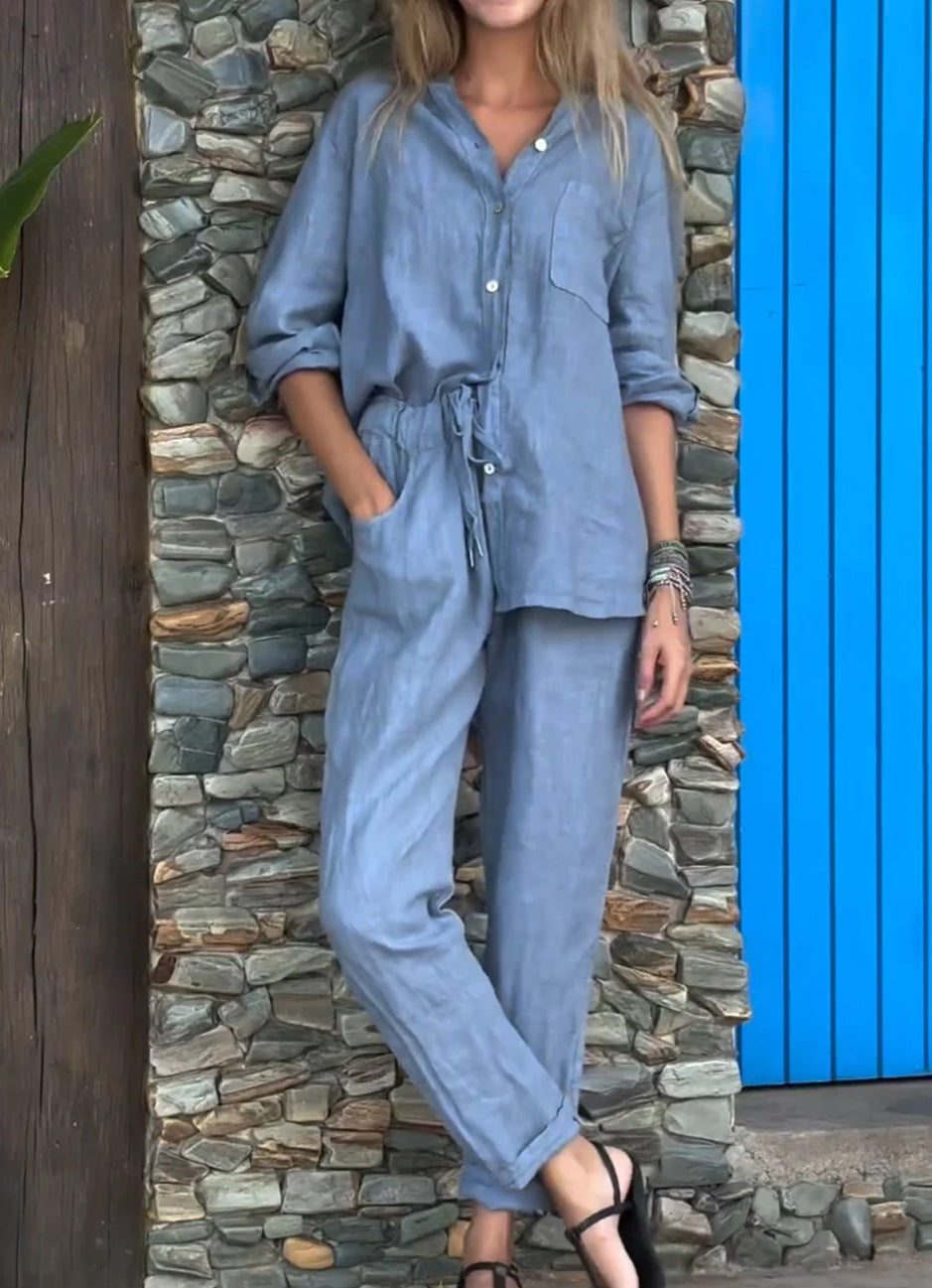 V-neck shirt and cotton trousers