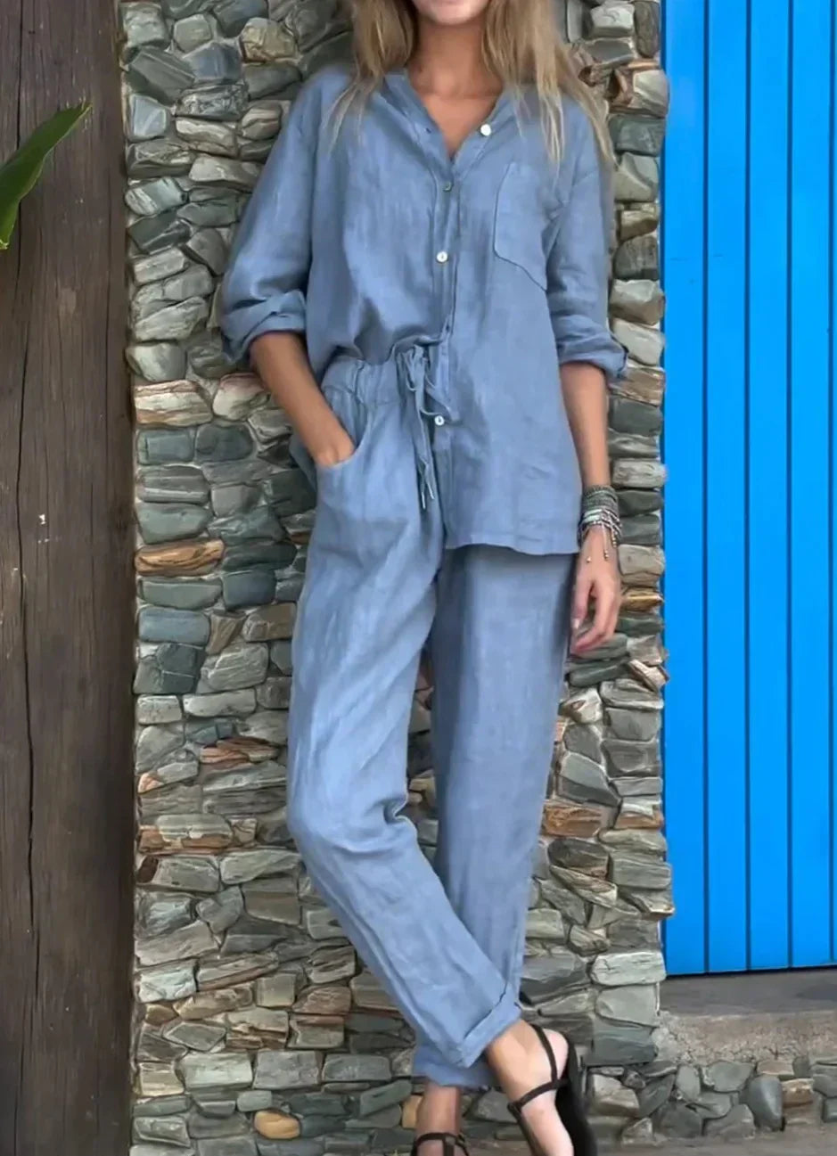 GR | Casual V-neck shirt & trousers cotton-linen set 