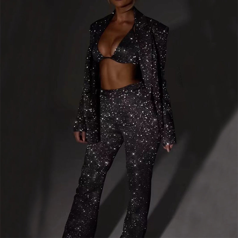 GR | Shiny women's suit set with blazer and straight-leg trousers for parties