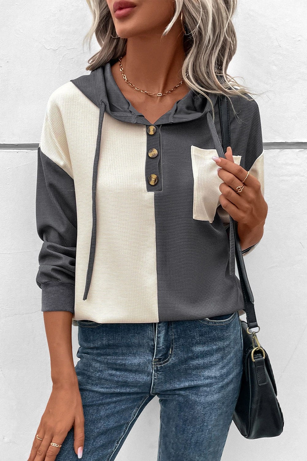 GR | Waffel-Hoodie Mit Knopfleiste Für Frauen