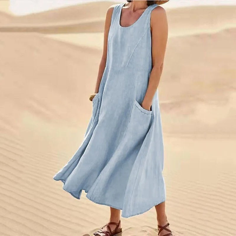 GR | Sleeveless linen dress with pockets for women