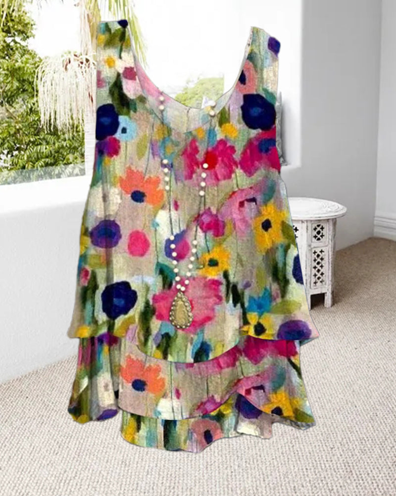 GR | Layered sleeveless top with floral motif