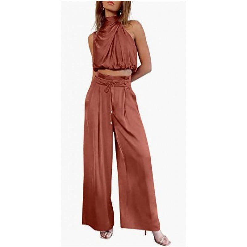 GR | Casual Sleeveless Top with Midriff and Wide Legs 2-Piece Set Women's Clothing