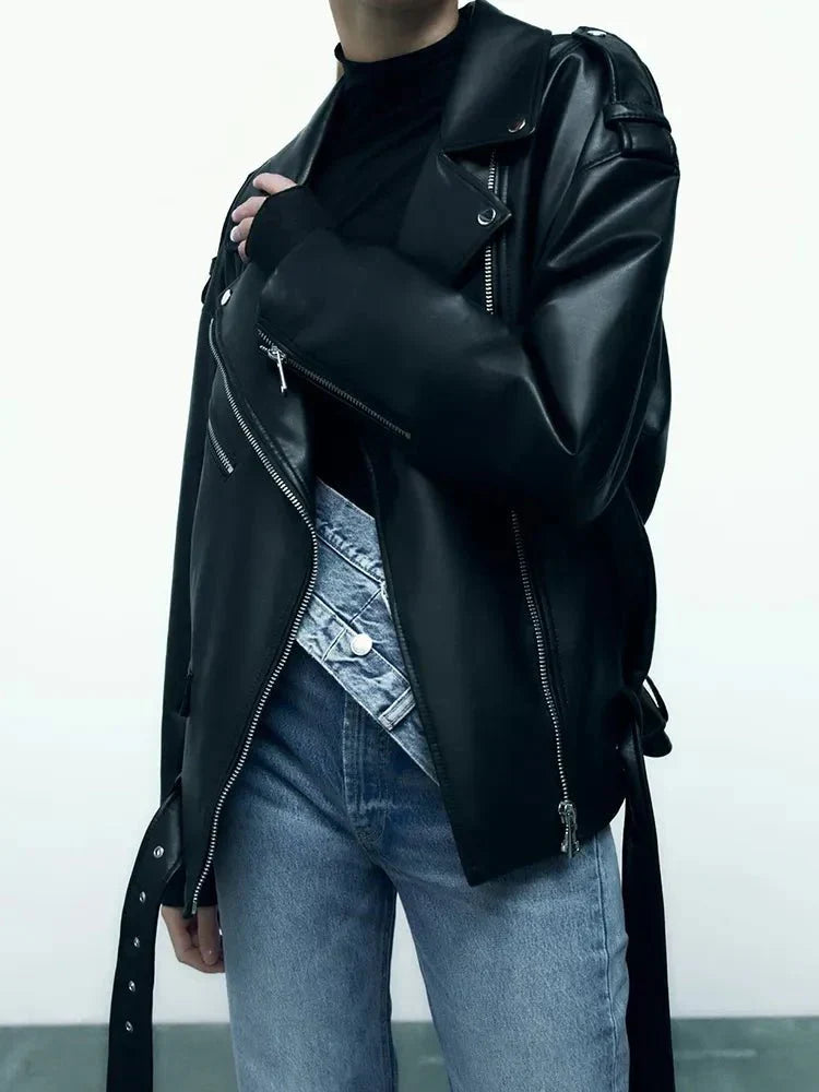 GR | PU Leather Jacket with Belt and Zipper