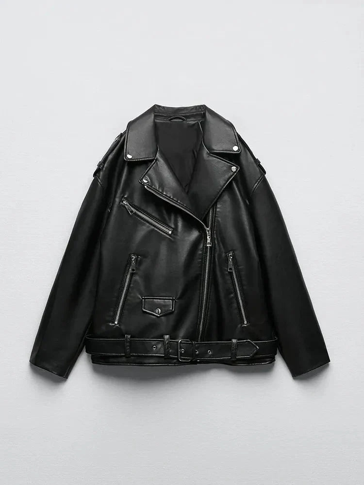 GR | PU Leather Jacket with Belt and Zipper
