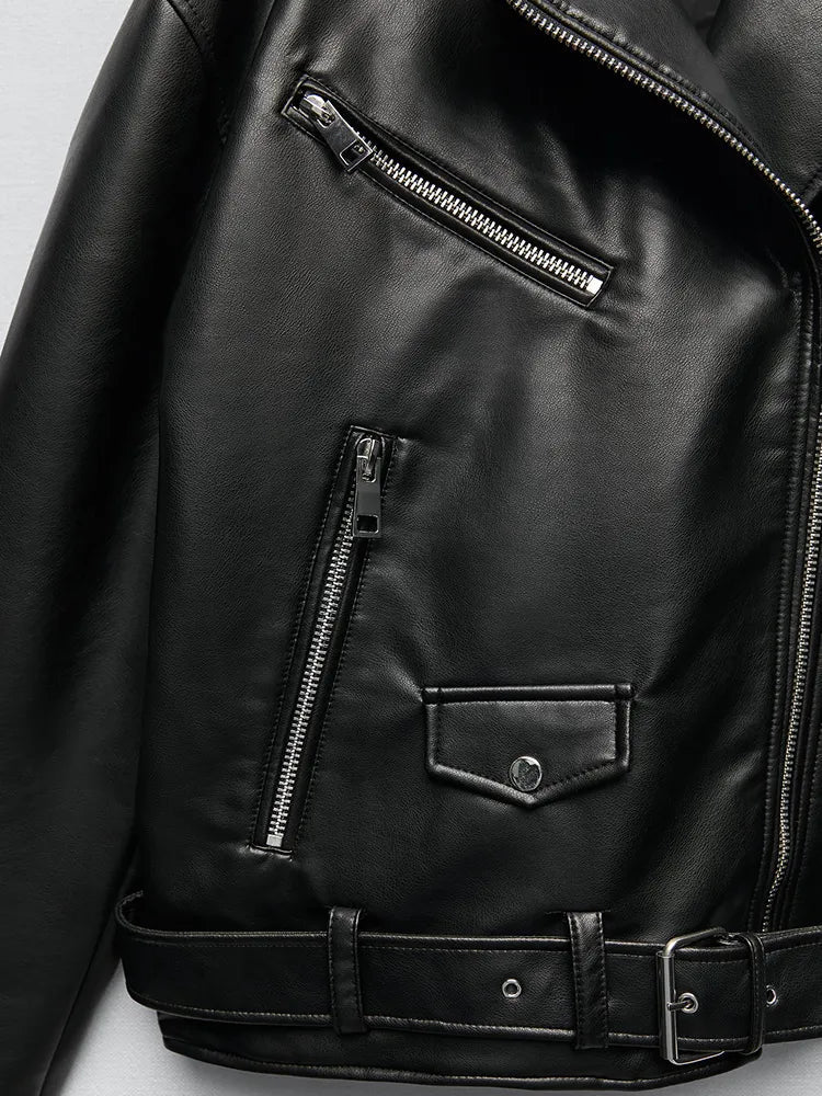 GR | PU Leather Jacket with Belt and Zipper