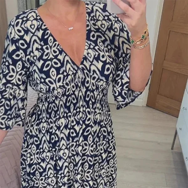 GR | Long, loose dress with V-neck and drawstring belt
