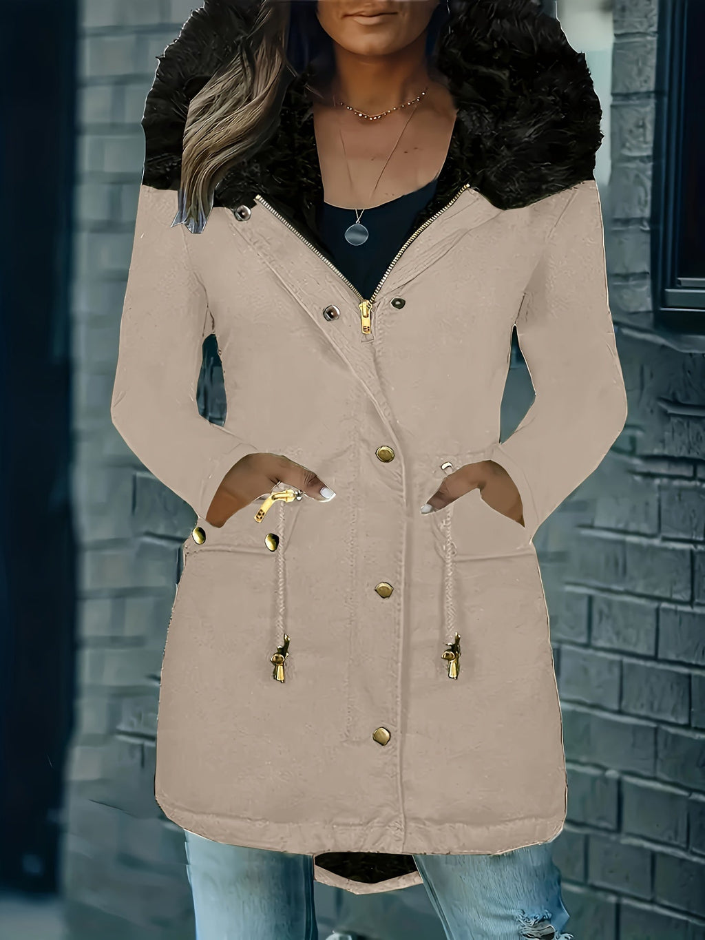 GR | Zip-up parka coat with buttons and hood, women's winter jacket