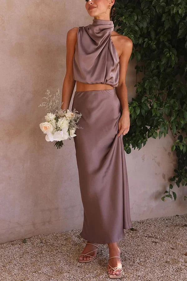 GR | Such a mood High-necked satin draped maxi skirt set 