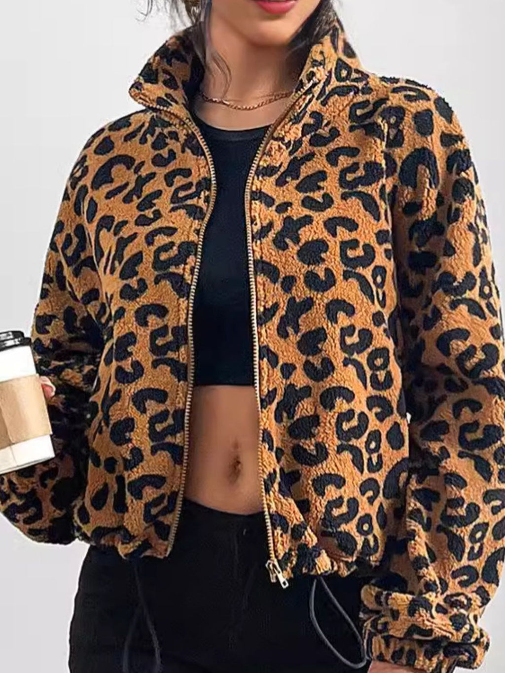 GR | Chic autumn leopard print zip-up jacket for women 
